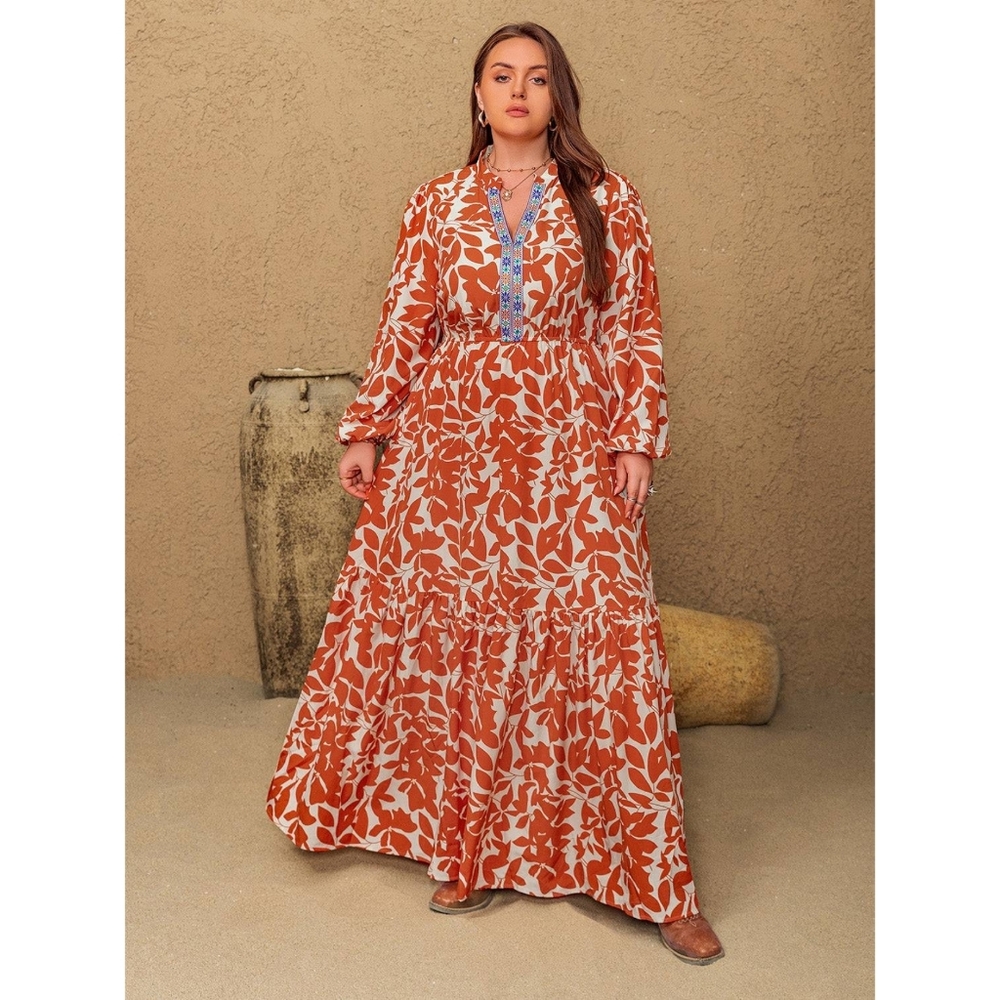 Rustty Dusty Printed Notched‎ Long Sleeve Maxi Dress Size 1XL - Picture 3 of 14